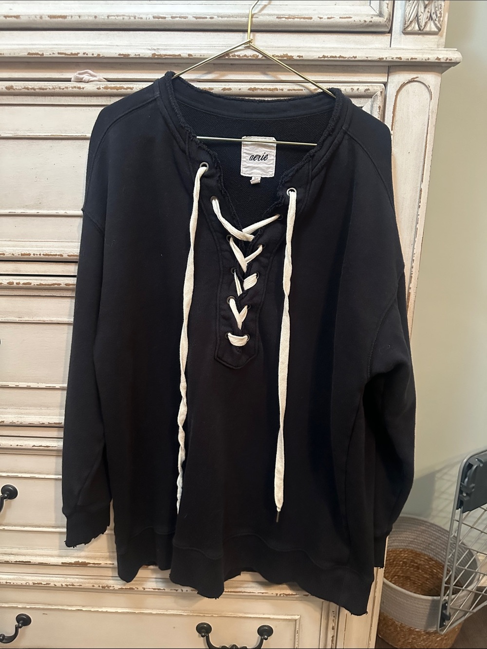 aerie Black Lace-Up Pullover Sweatshirt with Cream Drawcords